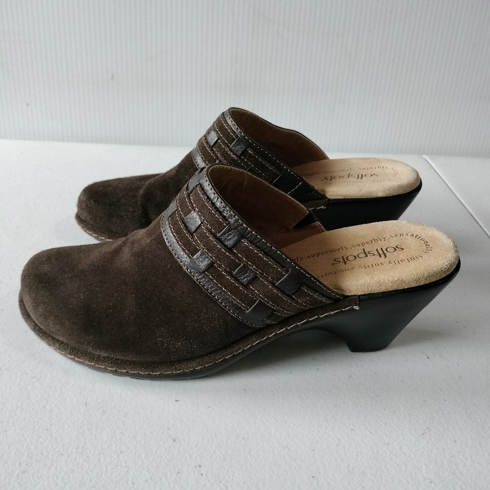 Softspots Cate Brown Suede Leather Shoes Mules Clogs 9W Comfort Western Boho